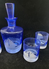 Artel Etched Crystal Golden Age of Yachting Beverage Set in Cobalt