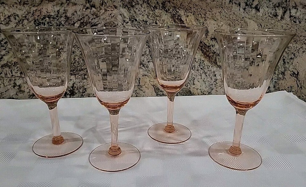 4 Vintage Pink Glass Paneled Optic Stemmed Goblet Glasses 8 Ounce 6 5/8″ Excell