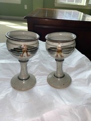 1980’S – 2 COLLECTIBLE HAND THROWN 7″ WINE/WATER GOBLETS UNIQUE DESIGN