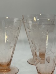Set of 4 Depression Era 1940s Pink Etched Floral Glasses, Tapered Shape