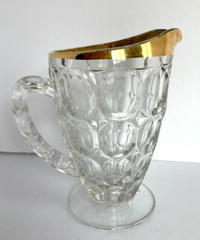 VINTAGE Jeannette Clear Glass Crystal “Thumbprint” Footed Pitcher w/Gold Trim VG