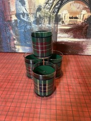 Vintage red green Plaid Tartan Set 4 glass old fashioned tumblers
