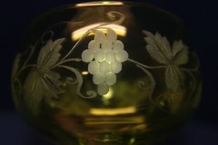 Rare St. Louis Crystal Wineglass, Chartreuse Green Etched Grapes, Leaves, 6-3/4″