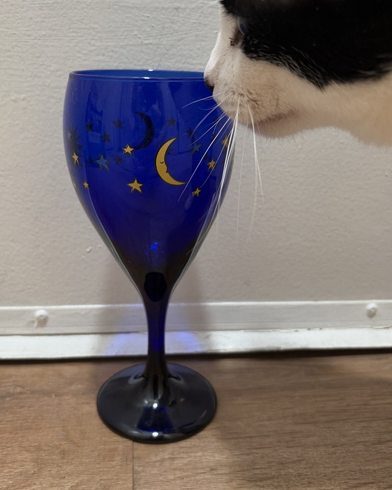Libbey Glass Company Celestial Cobalt Blue Sun Moon Stars Water Goblet