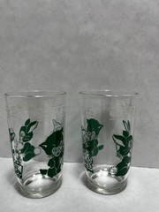 Set of 2 Vintage Swanky Swig juice glasses Kraft Kittens & Bunnies Green, VGC
