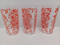 3 Red Floral Vine VTG 8 Oz Drinking Glasses Tumblers 4 3/4″ VTG Set
