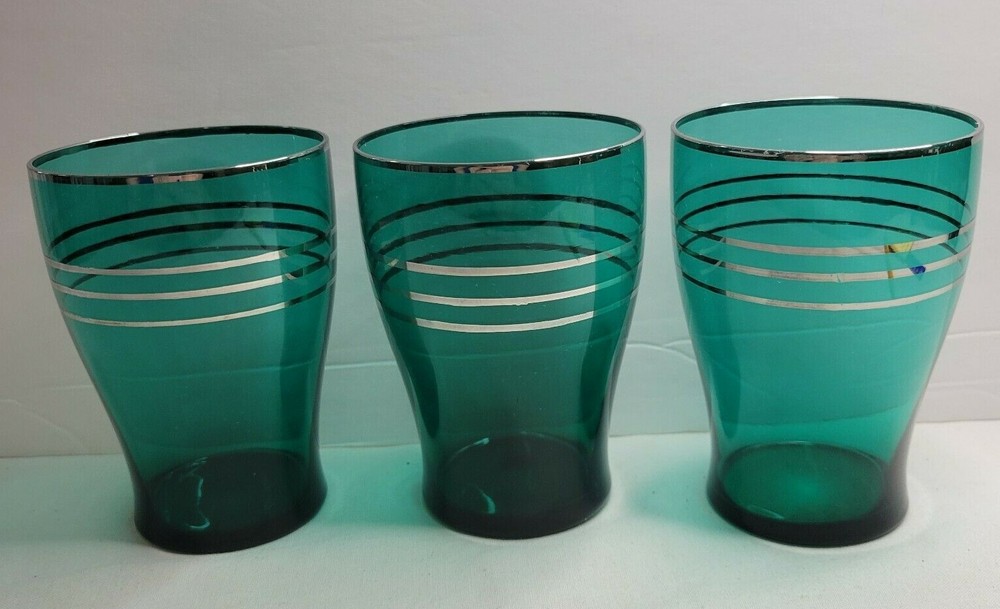 Vtg Tumblers Flat Drinking Glasses, Blue Green Teal Silver Banded 10 oz Set 3