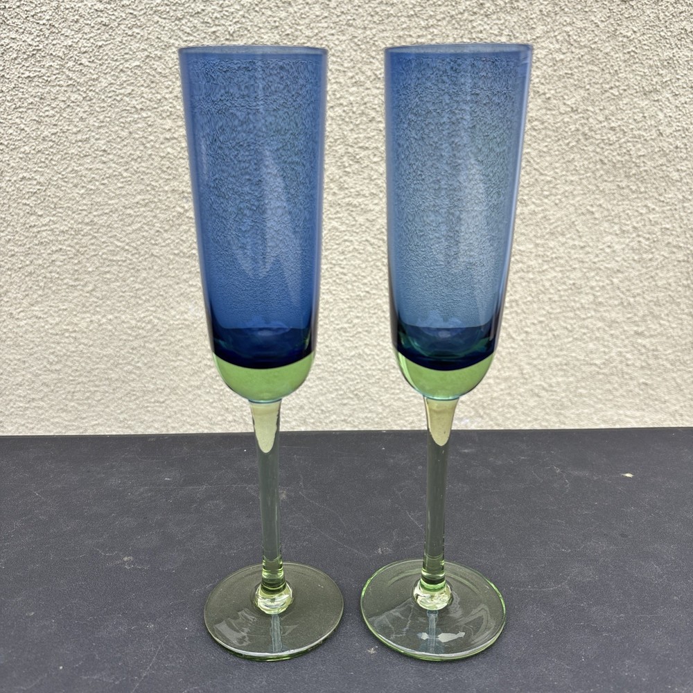 2 Festival Green & Blue Champagne Flutes Block Glass Stemmed 10.25″ Hand Crafted