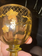 Set Of 5 Roman/ Wine Glass Trumpet Foot Grape Gold Decor Hand Painted Amber Glas