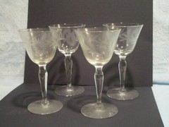 4 Stemmed Cordial Glasses, Floral and Leaf Pattern, Vintage, Set of Four