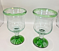 Hand Crafted Blown Glass Green Accented Stemware Drinking Glasses 8 oz. 6″ tall