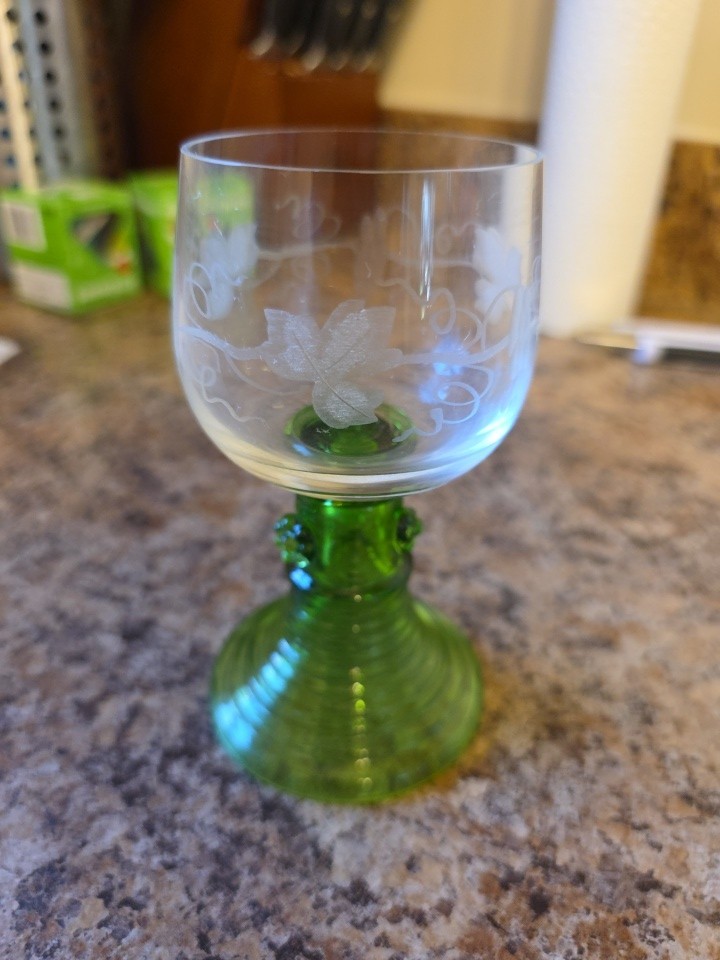 Set Of 6 Vintage Cut Crystal Roemer Wine Glasses W/ Green Ribbed Basket Base…