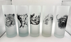 5 FIRNA Indonesia Tall Frosted Glass Tumblers African Safari Animals Vtg