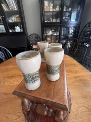 Vintage 4 Stoneware UCTCI Pottery Tumblers 3-D Baby Face Made in Japan 5″ tall