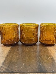 Vtg- 70s Libbey Amber/Orange Crinkle Geometric Design Tumbler Glasses 3.5 -Set 3