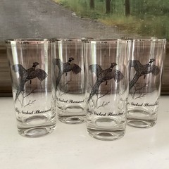 4 Federal Glass Tumblers Sportsman Ring Neck Pheasant platinum Rim MCM Barware