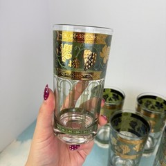 VTG Cera Tumblers Gold Grapes Green Pillars High Ball Glass 12 oz 22K? MCM Set 6