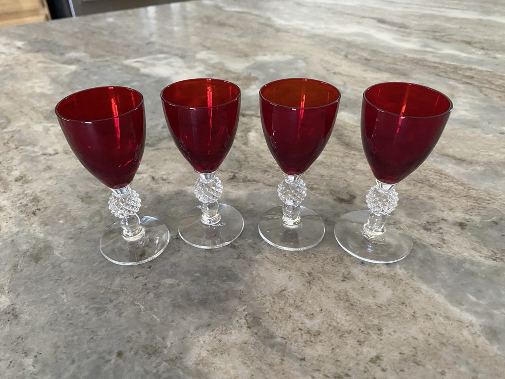 Morgantown Glass Golfball Stem Spanish Red Cordials 3 1/2 Inches 1 1/2 Oz