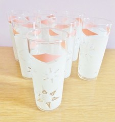 Vintage Mid Century Tom Collins Glasses 7 Tumblers Pink Diamonds Snowflake 12 oz