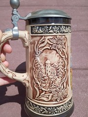 Original Vintage German Ceramic Hand Painted Glazed Pewter Lid Beer Stein