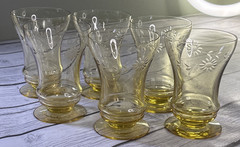 Vintage 1930s Lancaster Glass Co. (6) Jubilee Etched Yellow 5” Footed Tumblers.