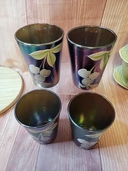Set of 4 Northwood 3-7/8″H Marigold Carnival Glass Tumblers Enameled Flowers