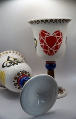 Hand Painted Ceramic Goblets Set of 2 Folk Art Heart Wine Cups Boho Pottery