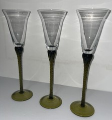 Monumental Forest Green Stem Set of (3) Wine Glasses Late 20th Century