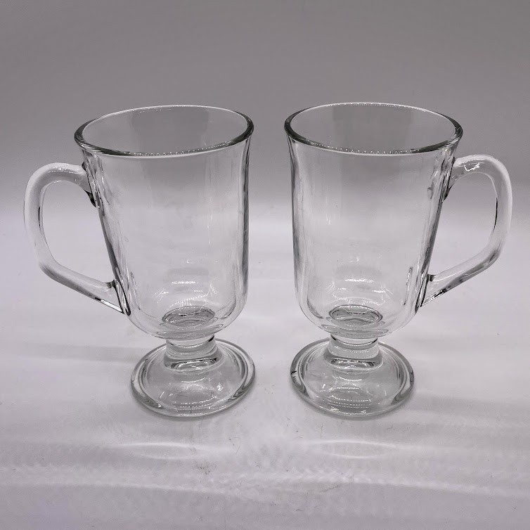 Arc France Glass Irish Coffee Cappuccino Mugs Footed Clear Glass Pair 4” Vintage