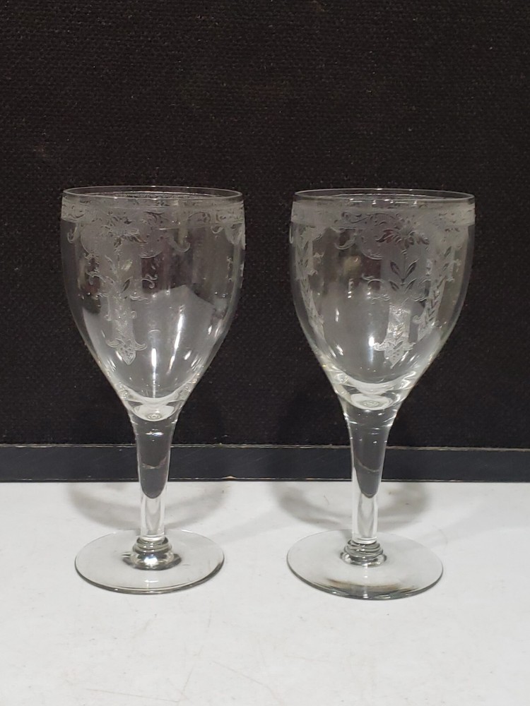PAIR-2- FOSTORIA PERSIAN 6 3/4″ ETCHED WATER GLASSES GOBLETS 1927