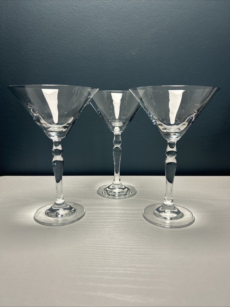 Elegant Set Of 3 Martini Glasses Unmarked Thin Rim Curved Stem