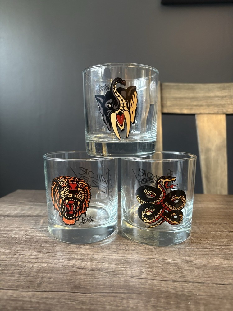 Set of 3 Sailor Jerry Tattoo Flash Rocks Glasses Tiger Snake Elephant