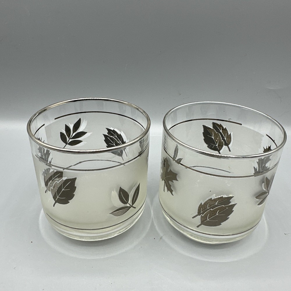 Vintage Libbey Silver Leaf Foliage Old Fashioned Rocks Glasses Frosted MCM Set/2