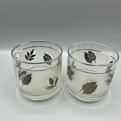Vintage Libbey Silver Leaf Foliage Old Fashioned Rocks Glasses Frosted MCM Set/2