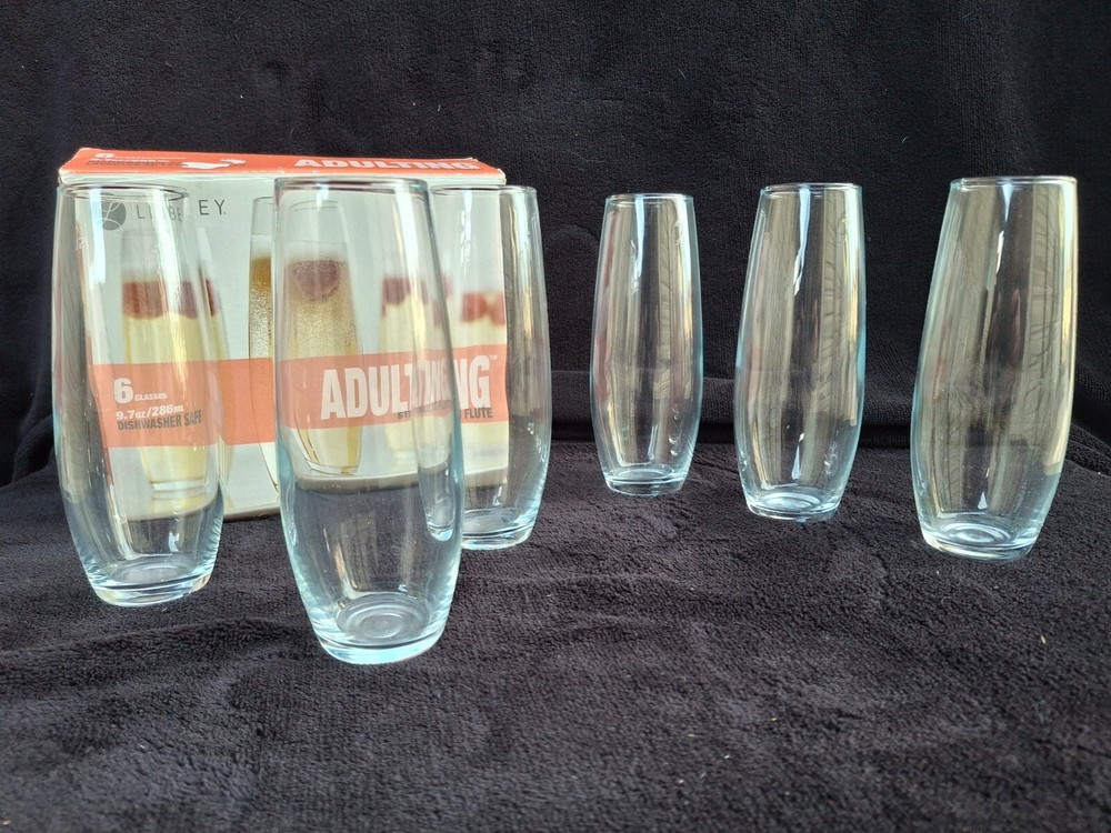 CHAMPAGNE GLASSES–SET OF 6–LIBBEY ADULTING STEMLESS FLUTE GLASSES IN ORIG. BOX