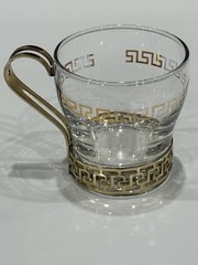 MCM Libbey Cups Greek Key Glass Punch Cocktail Coffee Gold Metal Handle Set Of 4