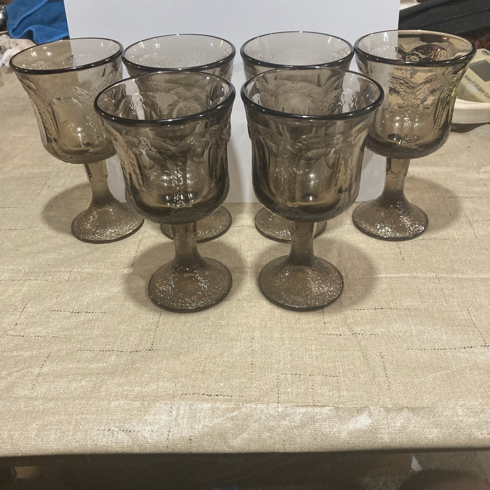 Set Of 6 Fostoria «Woodland Brown» Gray Wine Glasses Goblets Bundle Lot