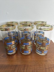 Vintage Culver EMPRESS 22K Gold Blue Green 12 Oz Highball Glasses~Set of 6