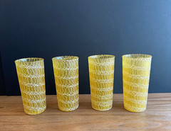 Set Of 4 Spaghetti String Glasses Yellow MCM Glass Tumblers