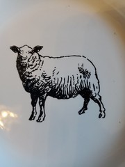 2 Ceramic Animal Plates Cow & Sheep. Black & White 6″ Diamitor Farm Animals