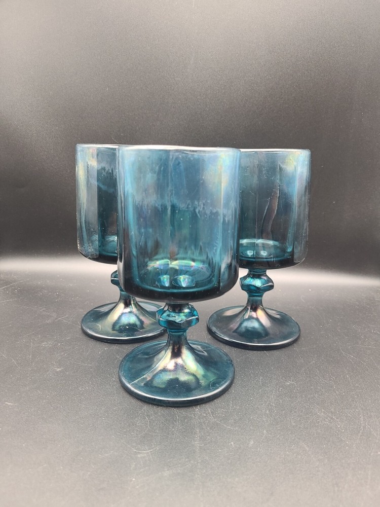 Vintage Indiana Colony Nouveau Blue Goblet Glasses 6.25″ Set Of 3 Riviera