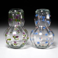Pair of Hand Painted Water Carafes Pitcher Decanter and Drinking Glasses 4pc Lot