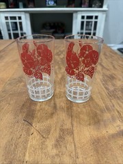2 Vtg Glasses Red Morning Glory White Picket Fence 8 oz Juice Hazel Atlas?