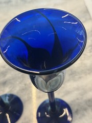 CORREIA~ SET OF 2 -Cobalt Blue 9.75″ WINE-GOBLET GLASS w/Pulled Feather Design