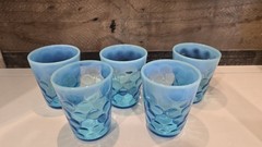 Vintage Set of 5 EAPG Dugan Coinspot Inverted Thumbprint Glasses Turquoise Blue