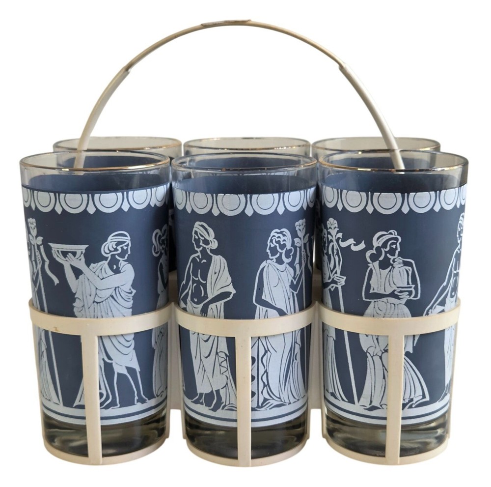 MCM Jeanette Jasperware-style Set Of 6 Blue Greek Hellenic Tumblers Carrier
