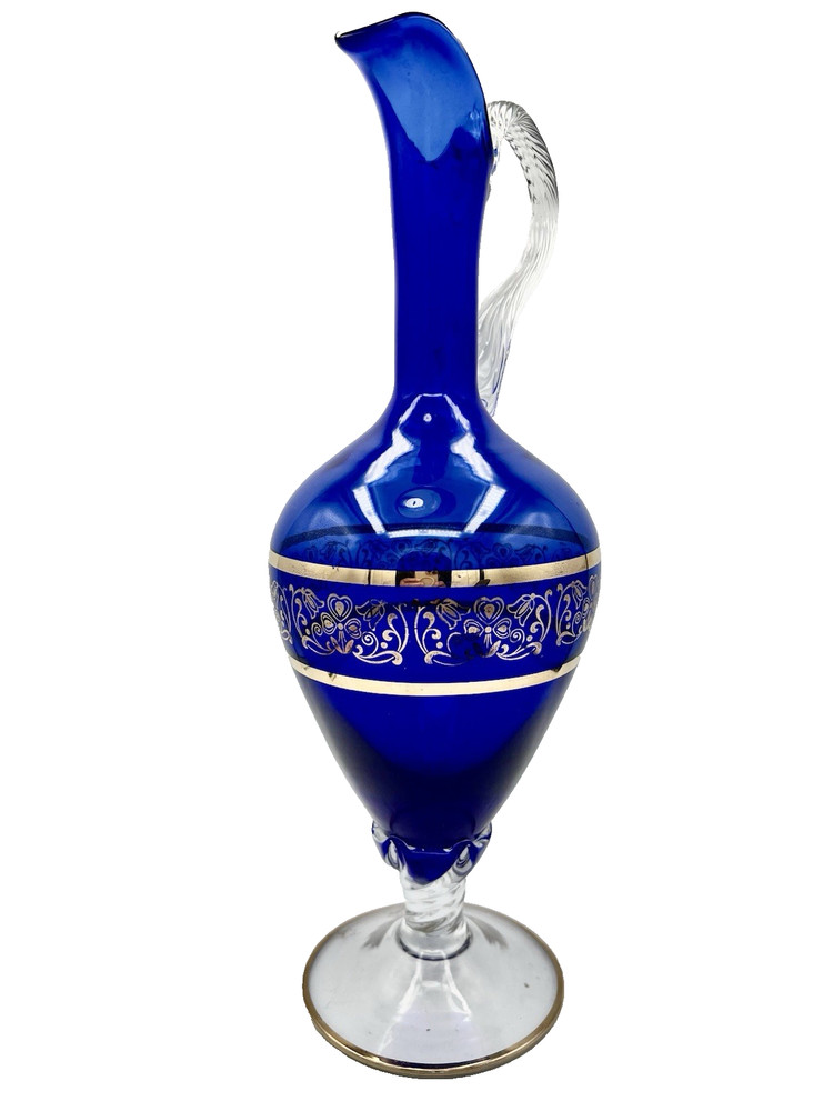 Vintage Cobalt Blue & Gold Rim Goblet Wine Glass – Twisted Clear Stem – Elegant