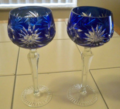 3 Cut to Clear Bohemian Crystal Wine Hock Glasses 2 Cobalt Blue & Ruby Red