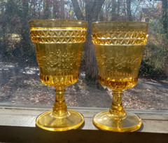 1870s GOLDEN AMBER ADAMS WILDFLOWER NO.140 EAPG MATCHING PAIR OF GOBLETS