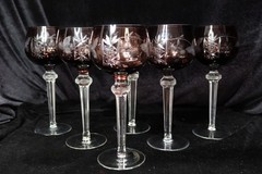 VINTAGE AMETHYST CUT TO CLEAR GRAPE FAN LEAVES MULTISIDED STEM 6 HOCK WINE GLASS